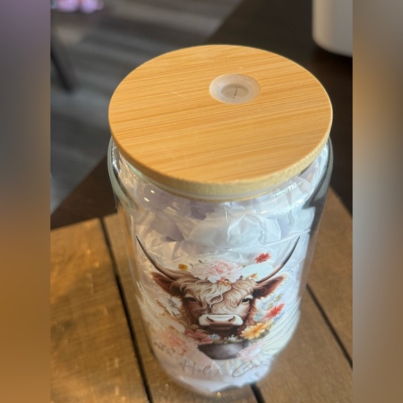 Floral Cow Print Glass cup with Wooden Lid - Picture 2 of 2
